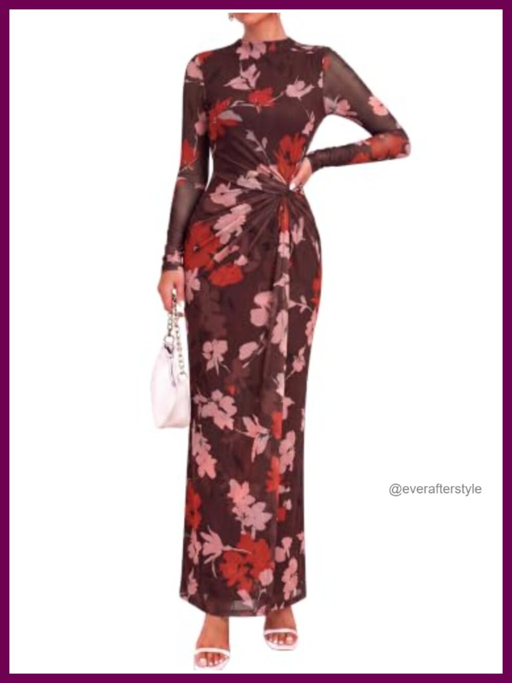 Sheer Mesh Floral Maxi Dress Long Sleeve Mock Neck Twist Knot Cocktail Wedding